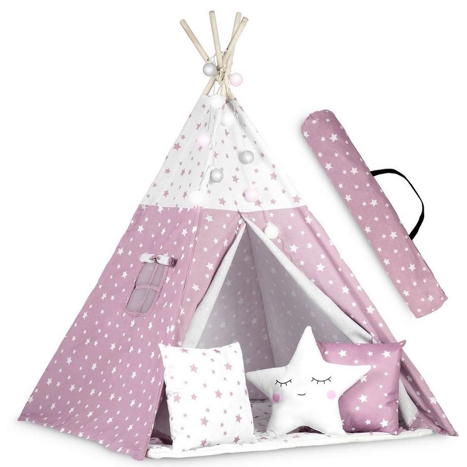 B2X  Tente Tipi Enfant avec Guirlande Lumineuse Nukido - Rose à Motif Étoiles 