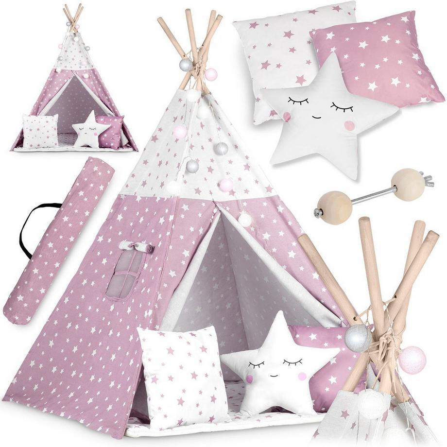 B2X  Tente Tipi Enfant avec Guirlande Lumineuse Nukido - Rose à Motif Étoiles 