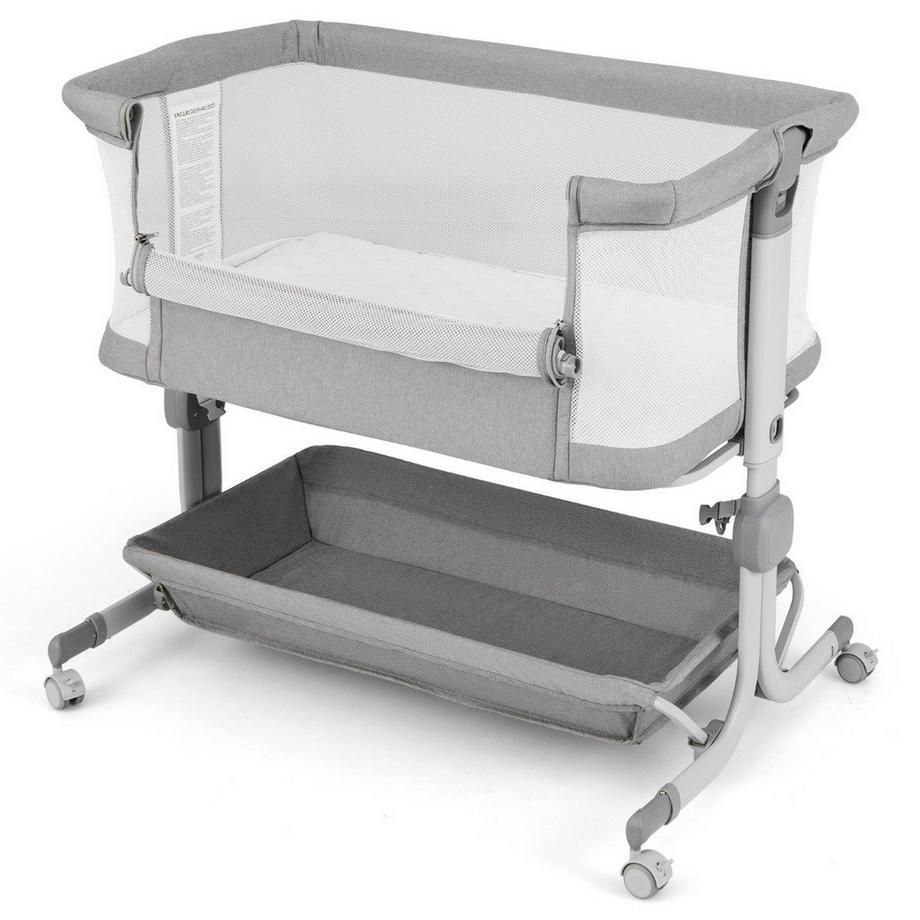 Northix  3 in 1 Beistellbett Reisebett Baby mit Matratze Babybett 6 Fach höhenverstellbar mit Aufbewahrungskorb Grau 
