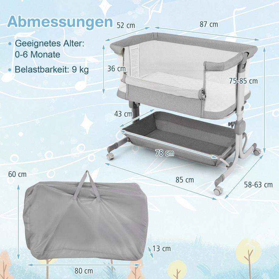 Northix  3 in 1 Beistellbett Reisebett Baby mit Matratze Babybett 6 Fach höhenverstellbar mit Aufbewahrungskorb Grau 
