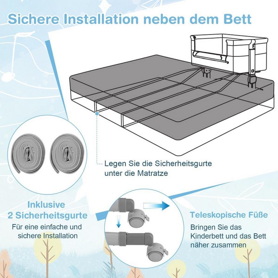 Northix  3 in 1 Beistellbett Reisebett Baby mit Matratze Babybett 6 Fach höhenverstellbar mit Aufbewahrungskorb Grau 
