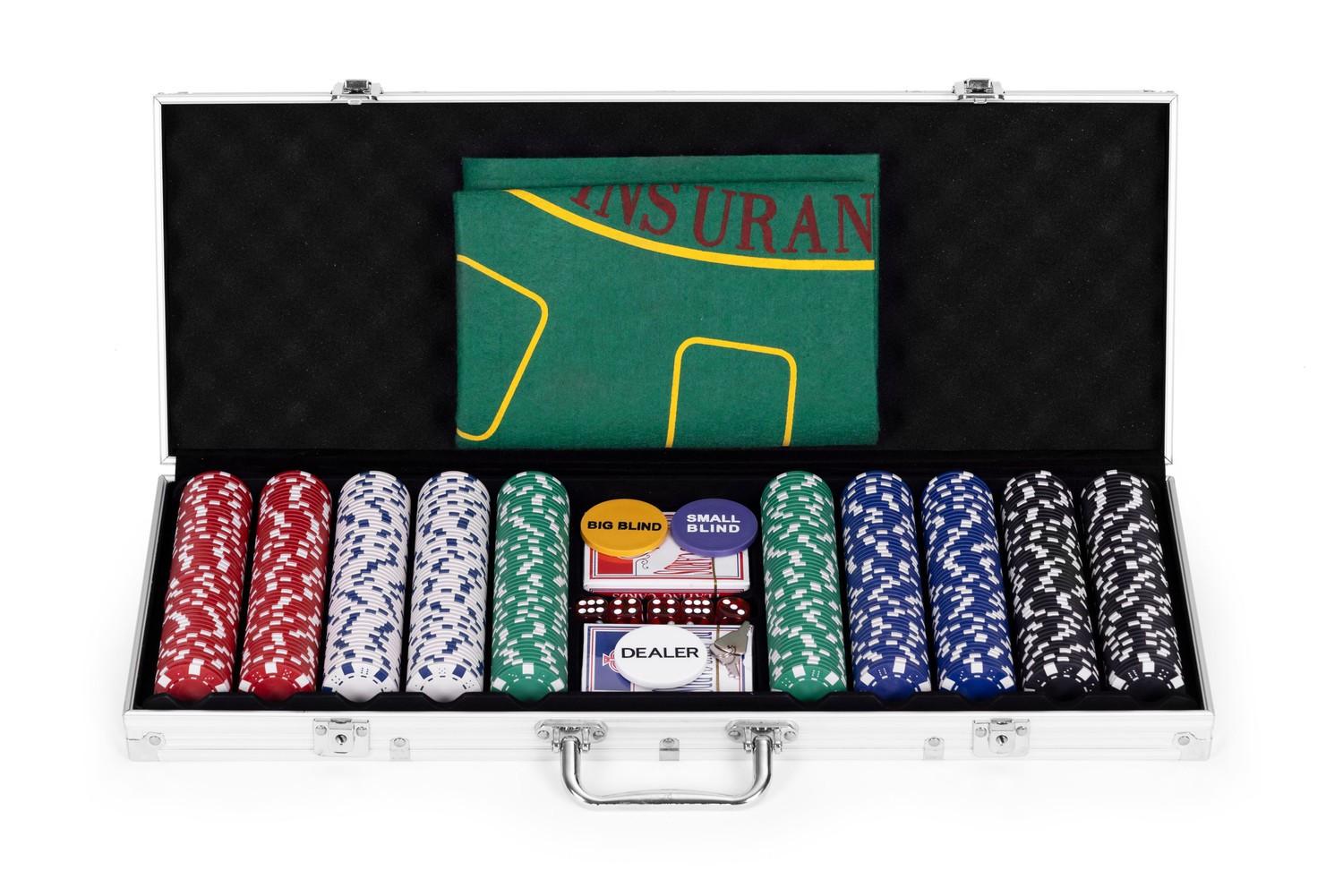Northio  Poker- und Blackjack-Set - 500 Chips, 2 Kartendecks, Würfel, Spielmatte, verschließbarer Koffer 