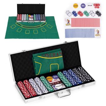 Poker- und Blackjack-Set - 500 Chips, 2 Kartendecks, Würfel, Spielmatte, verschließbarer Koffer