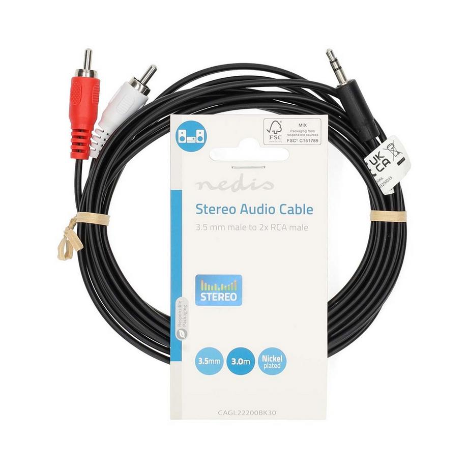 Nedis  Câble audio stéréo | 3,5 mm Hane | 2x RCA Hane | Nickelplaterad | 3,00 m | Rond | Svart | Label 