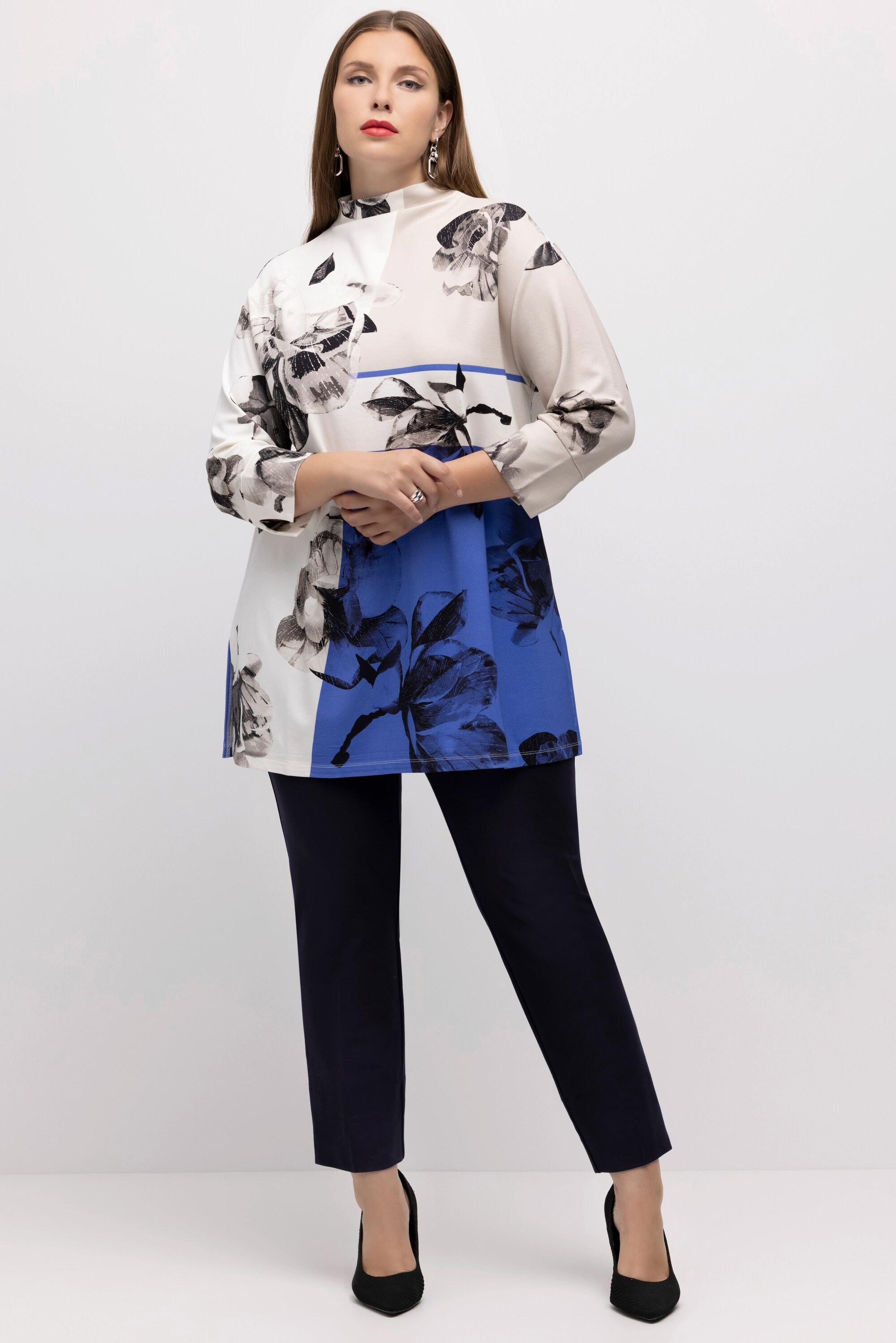 Ulla Popken  Sweat-shirt, motif floral, ligne en A, col montant, manches 3/4 