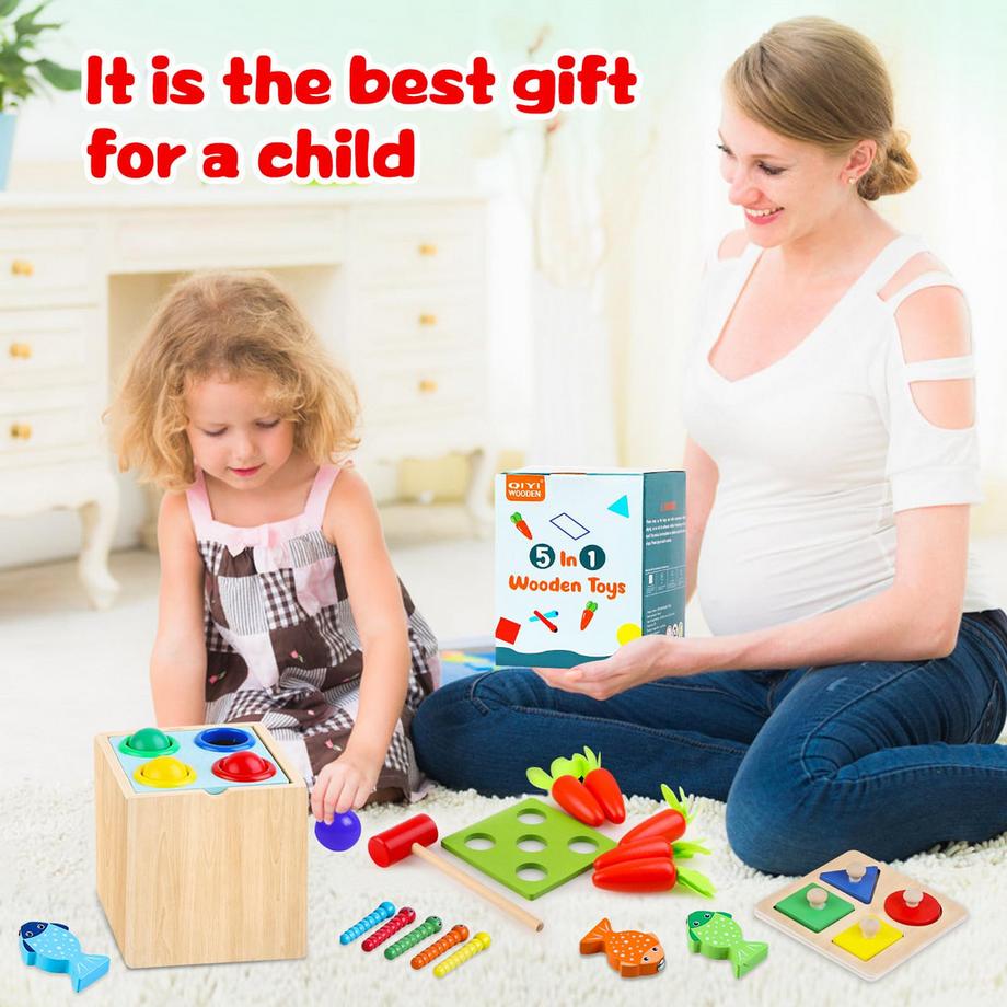 Activity-board  5 in 1 Holzpuzzle Sortierspiel Lernspielzeug für Kinder Enthält Karottenernte, Sortier- und Stapelspielzeug, Angelspiel, Ballwurf, Wurmfangspielzeug 