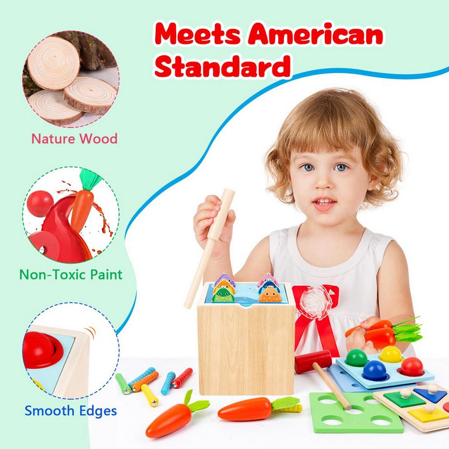 Activity-board  5 in 1 Holzpuzzle Sortierspiel Lernspielzeug für Kinder Enthält Karottenernte, Sortier- und Stapelspielzeug, Angelspiel, Ballwurf, Wurmfangspielzeug 