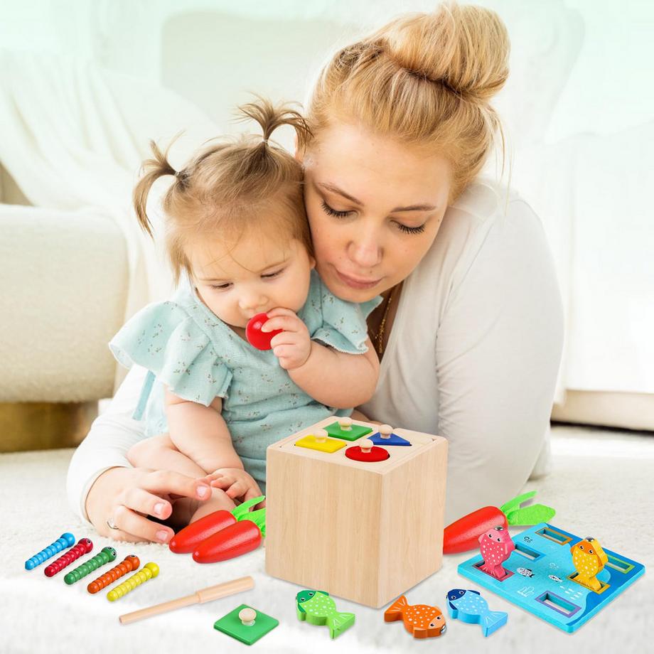 Activity-board  5 in 1 Holzpuzzle Sortierspiel Lernspielzeug für Kinder Enthält Karottenernte, Sortier- und Stapelspielzeug, Angelspiel, Ballwurf, Wurmfangspielzeug 