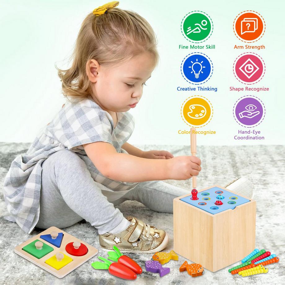 Activity-board  5 in 1 Holzpuzzle Sortierspiel Lernspielzeug für Kinder Enthält Karottenernte, Sortier- und Stapelspielzeug, Angelspiel, Ballwurf, Wurmfangspielzeug 