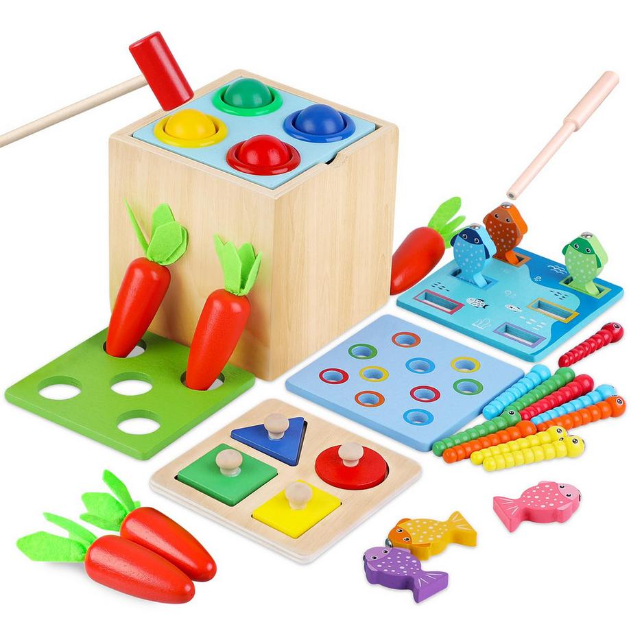 5 in 1 Holzpuzzle Sortierspiel Lernspielzeug für Kinder Enthält Karottenernte, Sortier- und Stapelspielzeug, Angelspiel, Ballwurf, Wurmfangspielzeug