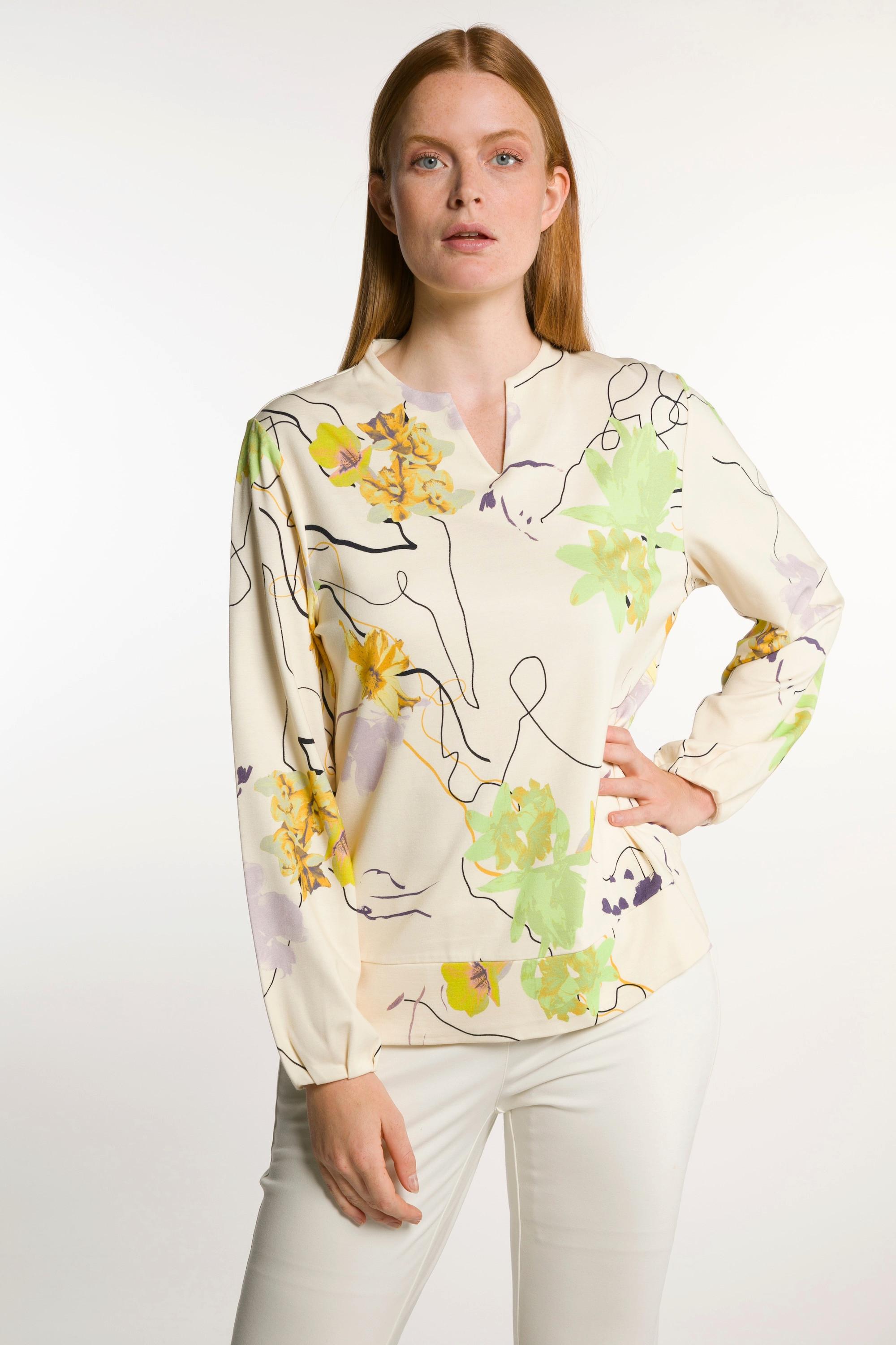 Ulla Popken  Sweat-shirt, fleurs, col droit, manches longues 