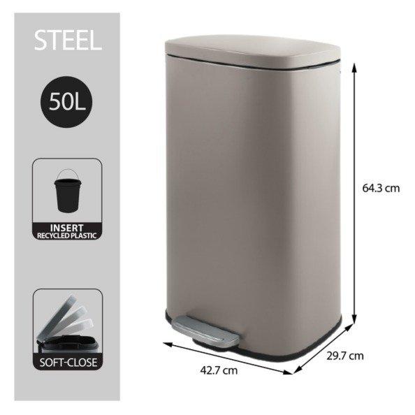 spirella Poubelle à pédale de cuisine grande capacité Acier AKIRA 50L Taupe Mat  