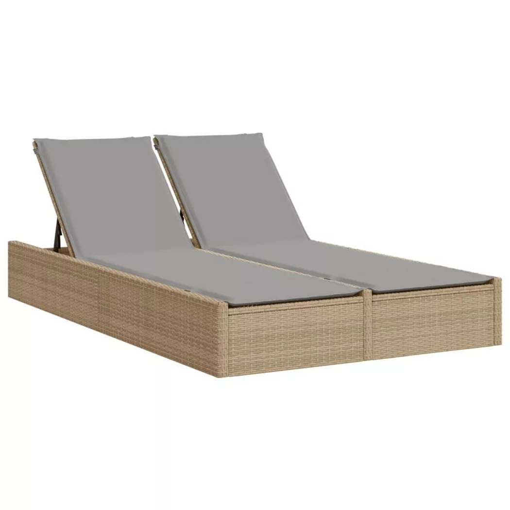 vidaXL Doppel-Sonnenliege mit Auflagen Beige Poly Rattan