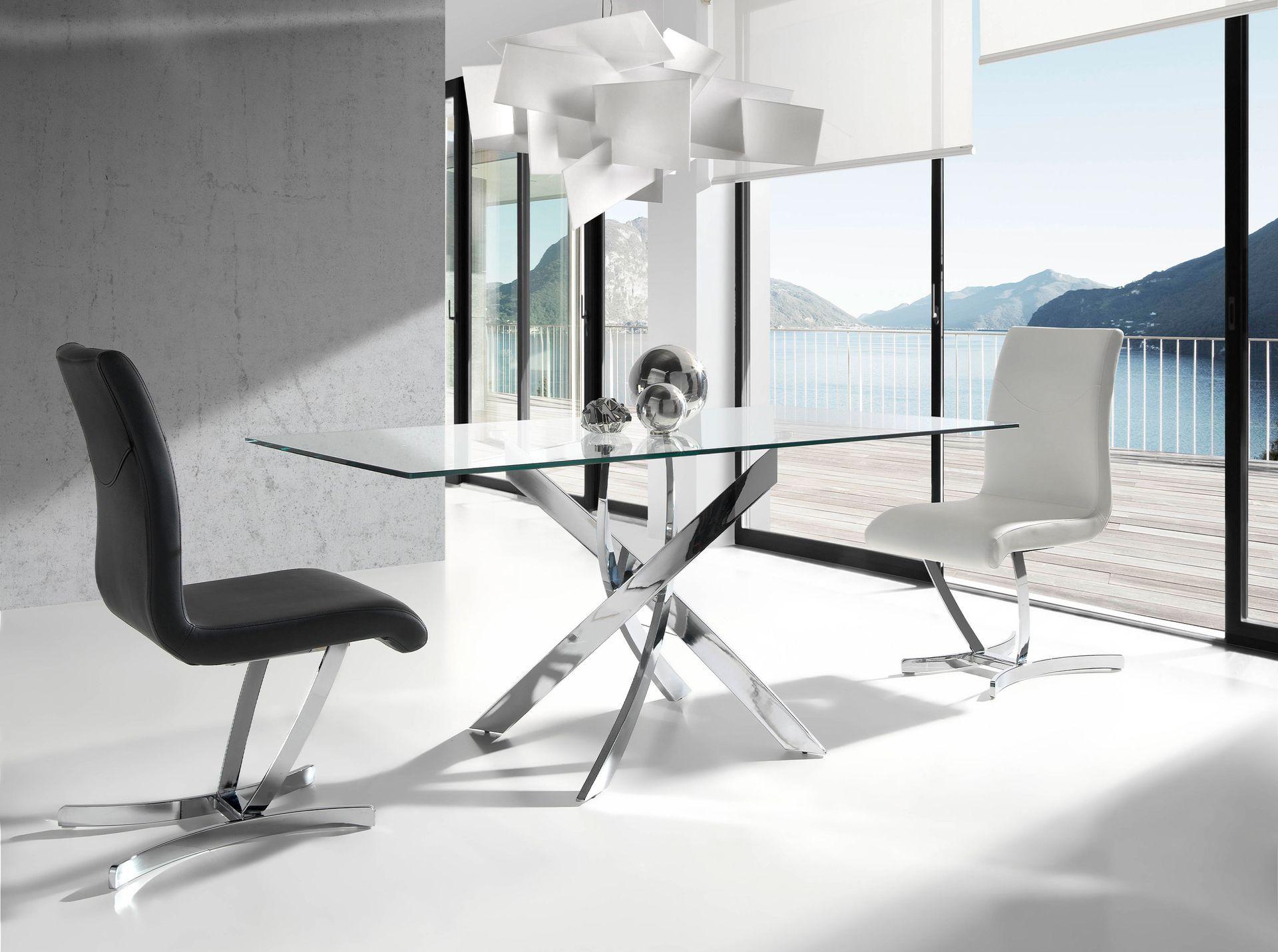 ANGEL CERDA Table à manger rectangulaire verre trempé et acier chromé  