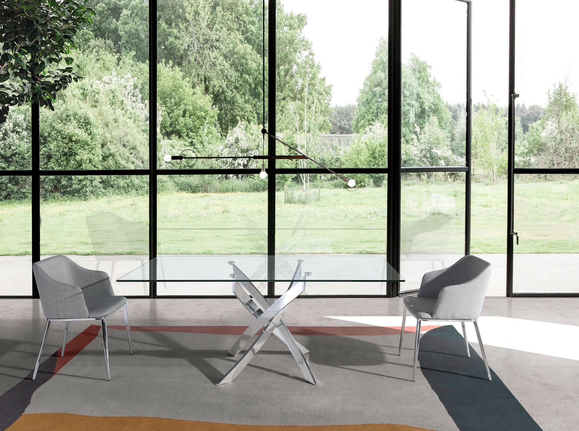 ANGEL CERDA Table à manger rectangulaire verre trempé et acier chromé  