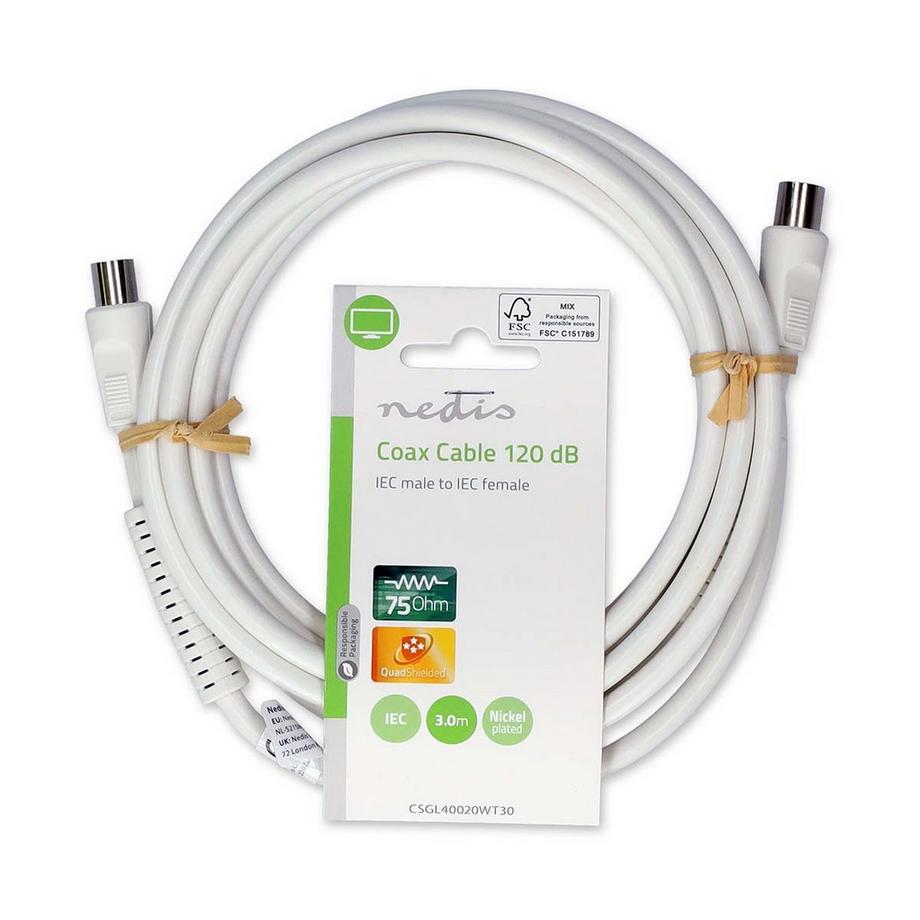 Nedis  Câble coaxial | IEC (Coax) mâle | IEC (Coax) femelle | Nickelé | 120 dB | 75 Ohm | Quatre blindages | 3.00 m | Rond | PVC | Blanc | Etiquette 