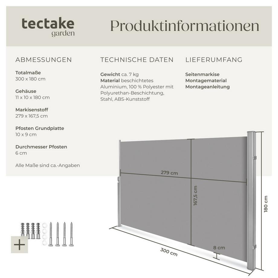 Tectake Seitenmarkise  aus Aluminium ausziehbar, blickdicht und wetterfest  