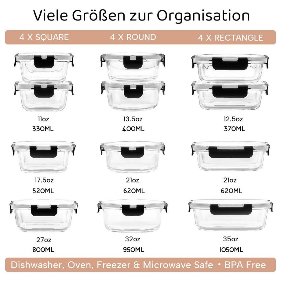 Alopini Set mit 12 Glasvorratsbehältern mit luftdichten Deckeln, Glas-Essenszubereitungsbehälter  
