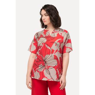 Ulla Popken  T-shirt dal taglio oversize con fiori, scollo a tunica e mezze maniche 