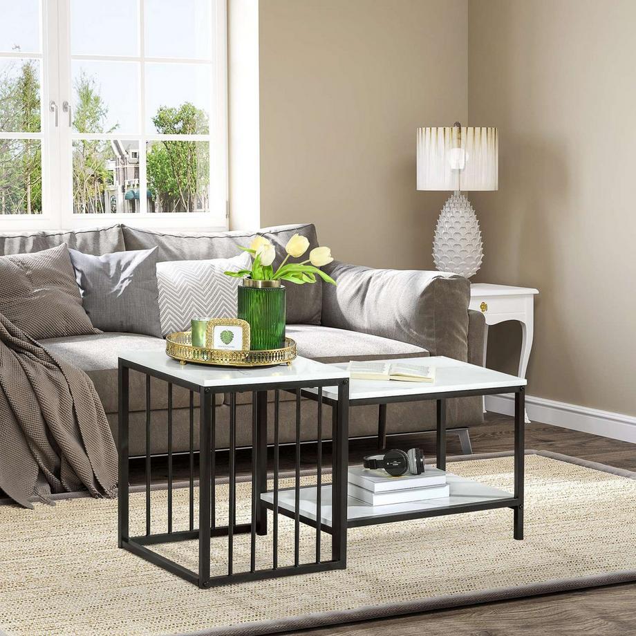 Northio Couchtisch 2er-Set Beistelltisch, Kaffeetisch, Satztisch, Sofatisch im Moderndesign, Wohnzimmertisch mit Marmoroptik, für Schlafzimmer, Stahl  