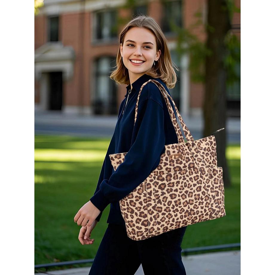 Only-bags.store Sac Cabas en Velours Côtelé Imprimé Léopard avec Compartiment pour Ordinateur Portable  