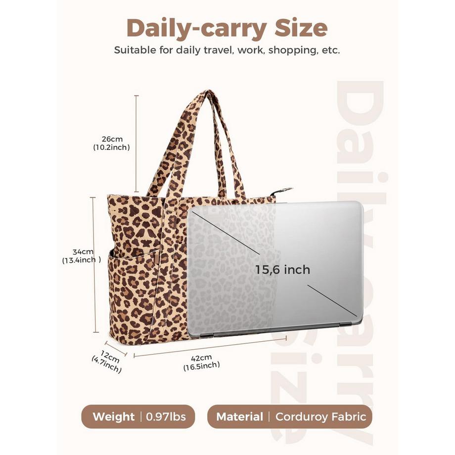 Only-bags.store Sac Cabas en Velours Côtelé Imprimé Léopard avec Compartiment pour Ordinateur Portable  