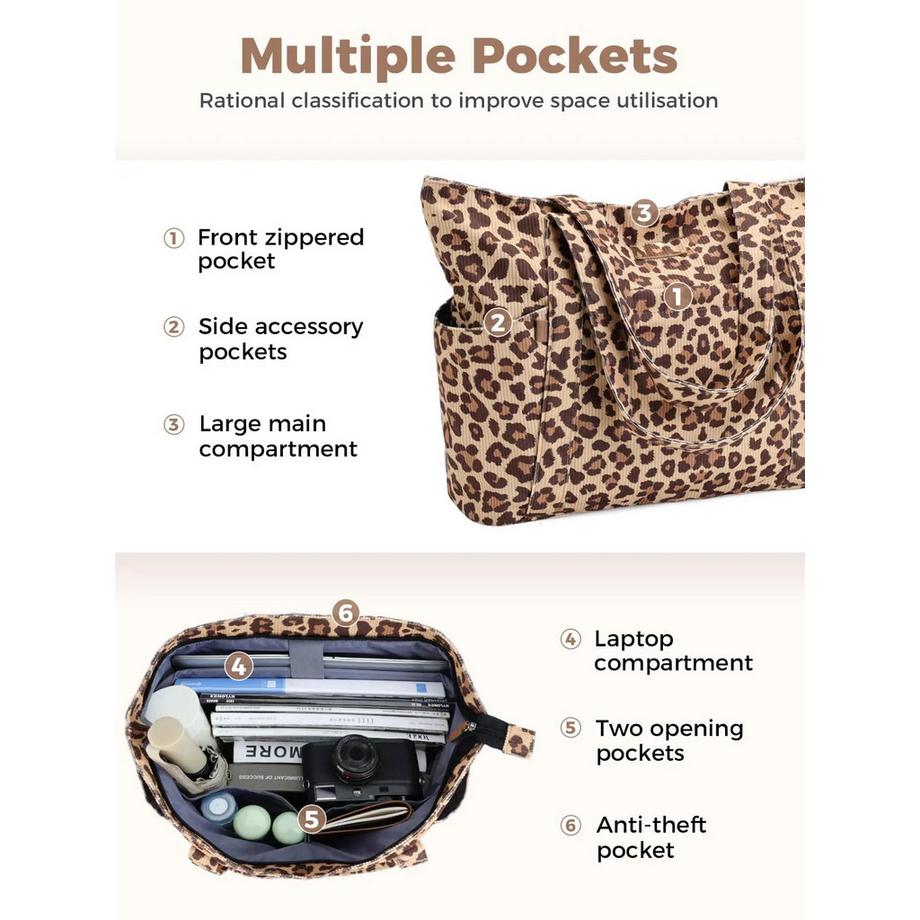 Only-bags.store Sac Cabas en Velours Côtelé Imprimé Léopard avec Compartiment pour Ordinateur Portable  