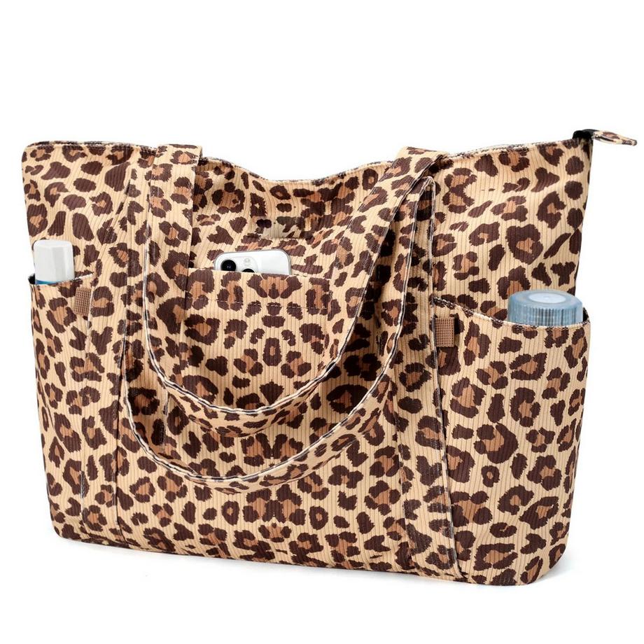 Sac en Velours Côtelé, Grand Sac Fourre - Tout, Sac de Plage avec Fermeture Éclair, Sac Shopping, Sac pour Ordinateur Portable Compartiment pour ordinateur Portable