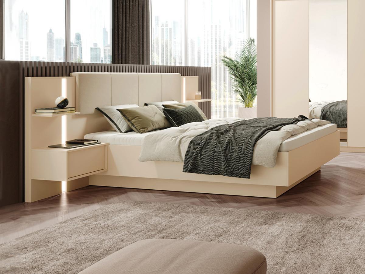 Vente-unique Letto con comodini 160 x 200 cm Con LED Beige + Rete + Materasso - ELYNIA  