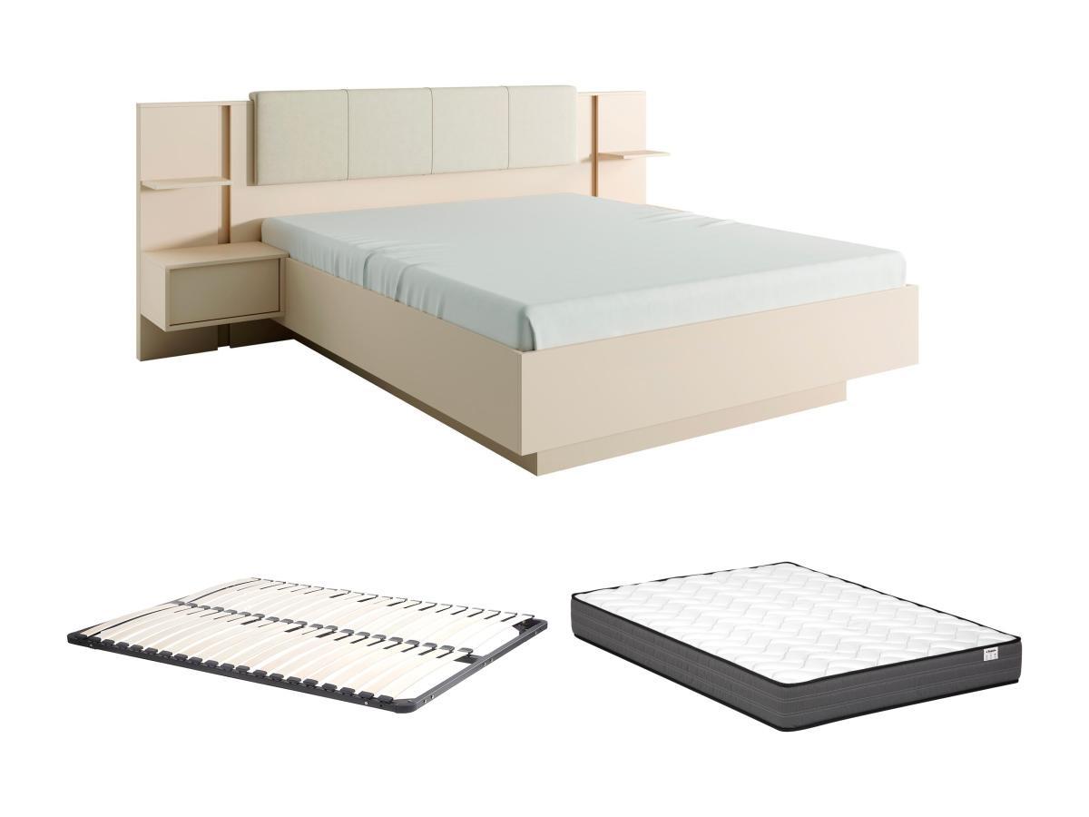 Image of Bett mit Nachttischen + Lattenrost + Matratze - 160 x 200 cm - Mit LED-Beleuchtung - Beige - ELYNIA Bett mit Nachttischen + Lattenrost + Matratze - 160 x 200 cm - Mit LED-Beleuchtung - Beige - ELYNIA