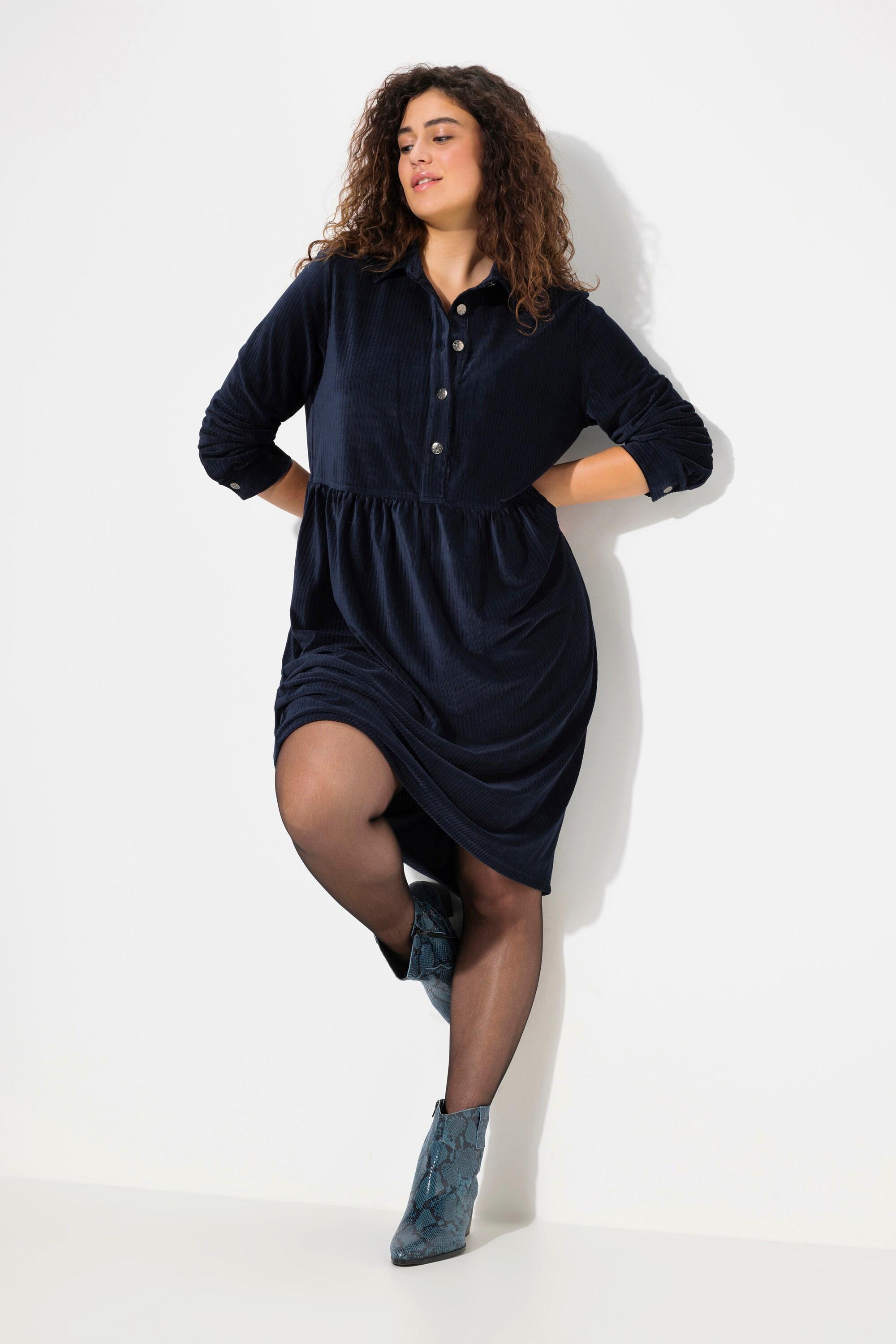 Ulla Popken Abito Oversize in Velluto a Coste Collo Camicia Maniche Lunghe a Palloncino  