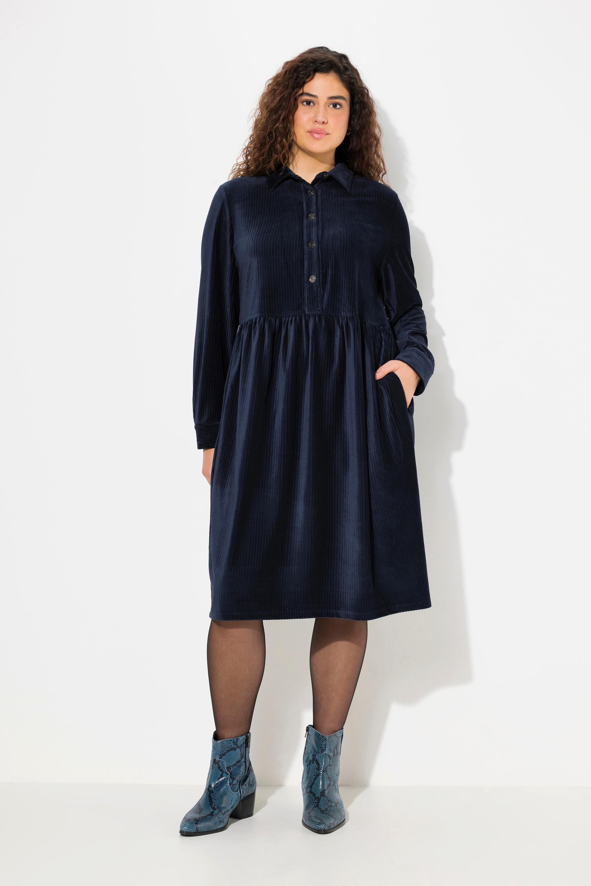 Ulla Popken Abito Oversize in Velluto a Coste Collo Camicia Maniche Lunghe a Palloncino  