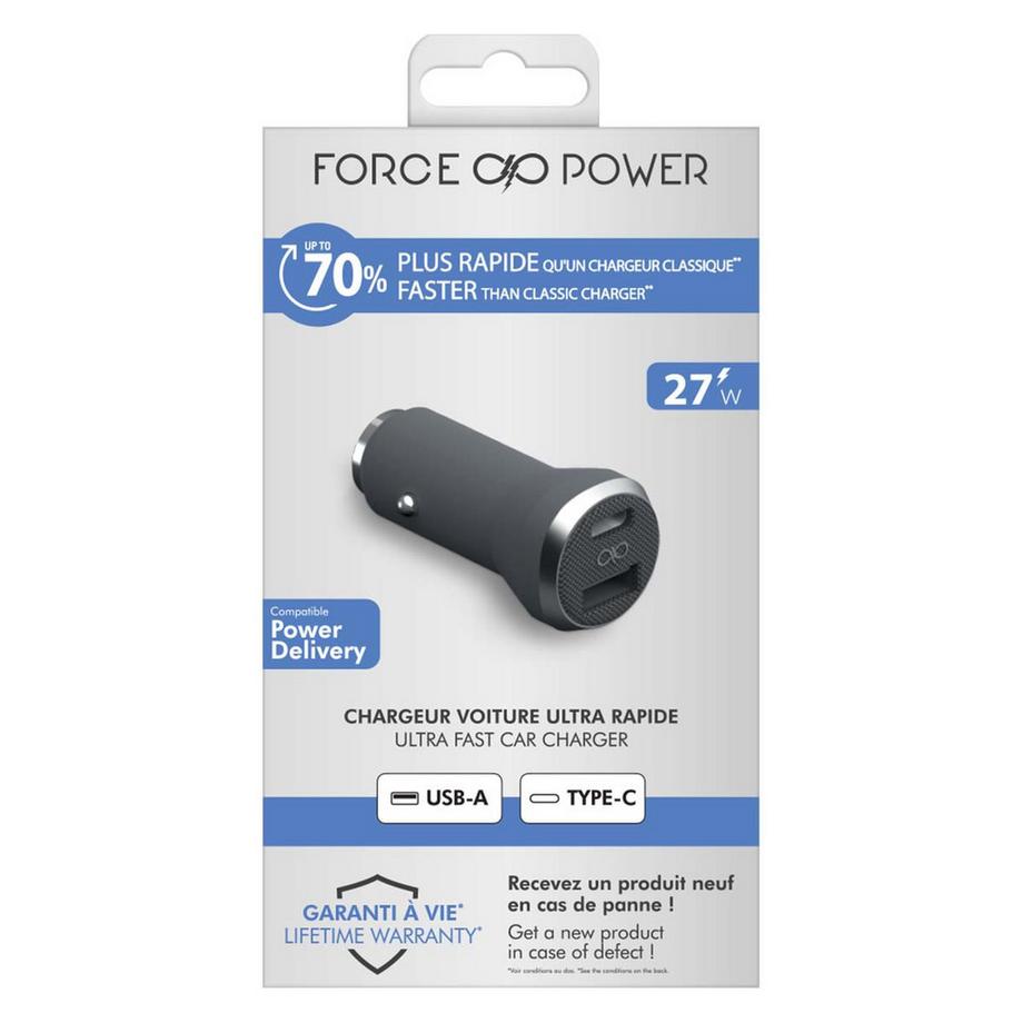 Force Power  Autoladegerät 2 USB A + C Force Power Delivery PD 37W Grau + lebenslange Garantie 