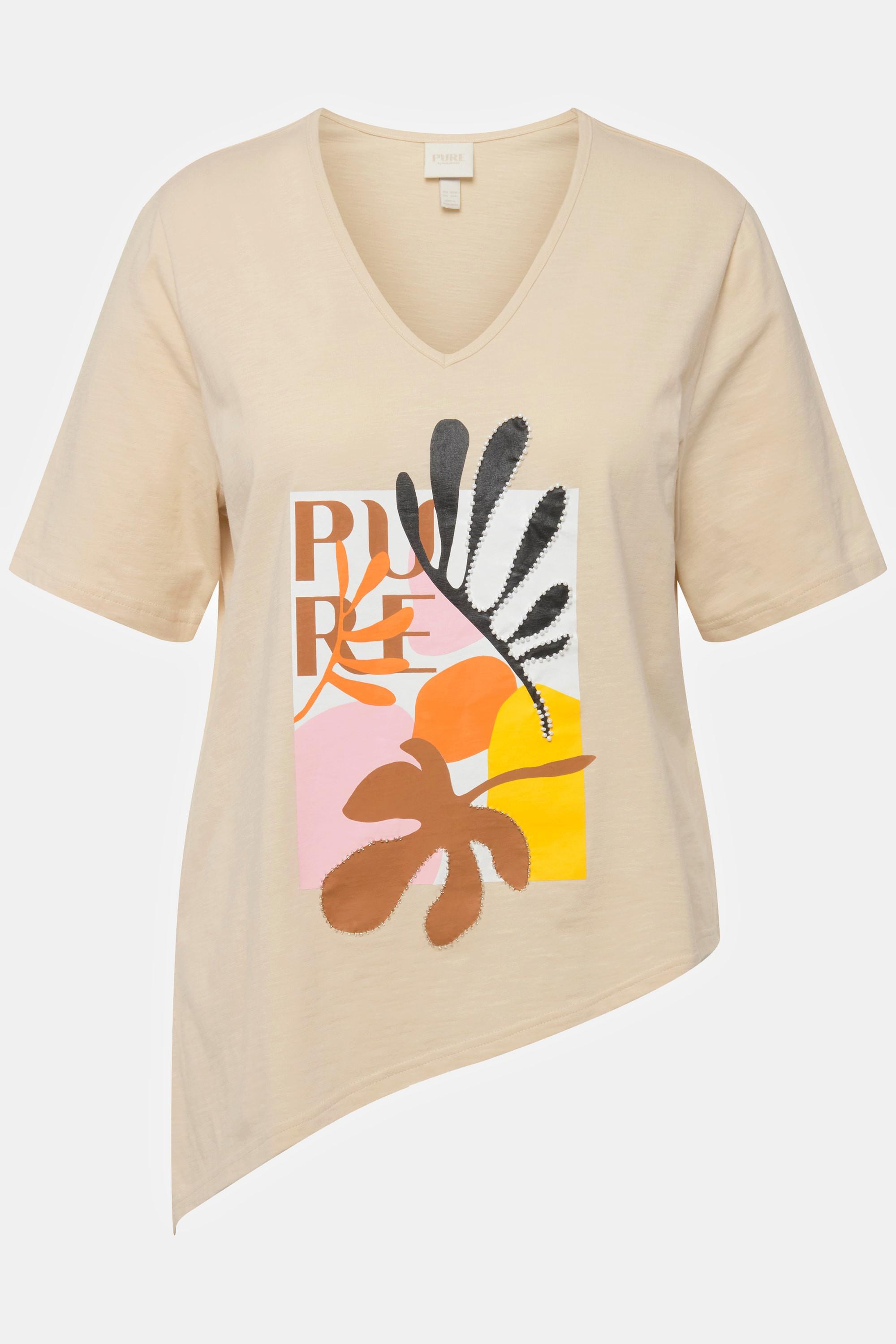 Ulla Popken  T-shirt di cotone biologico con orlo a punte, scollatura a V e mezze maniche 