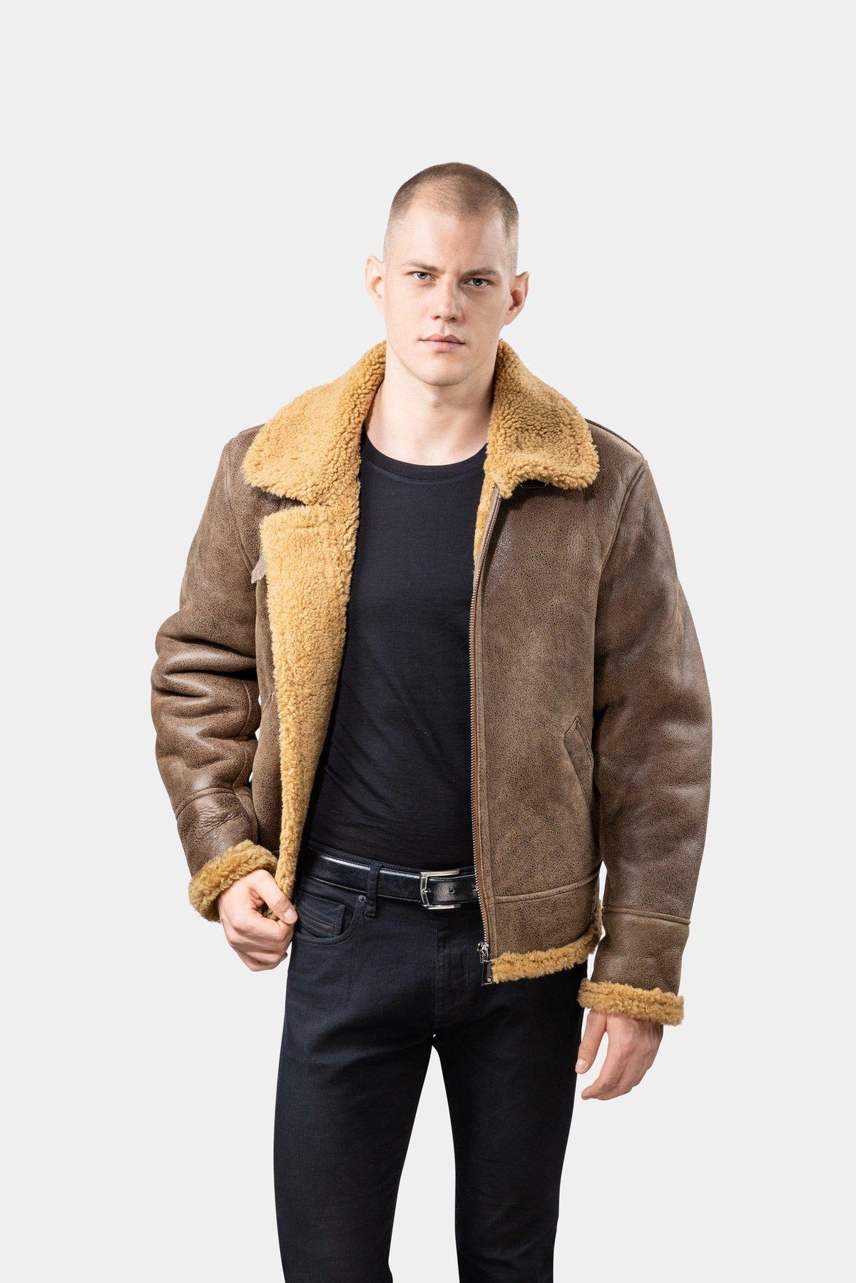 GÖTTIG.  Lammfell Aviator B3 Lederjacke - Braun 