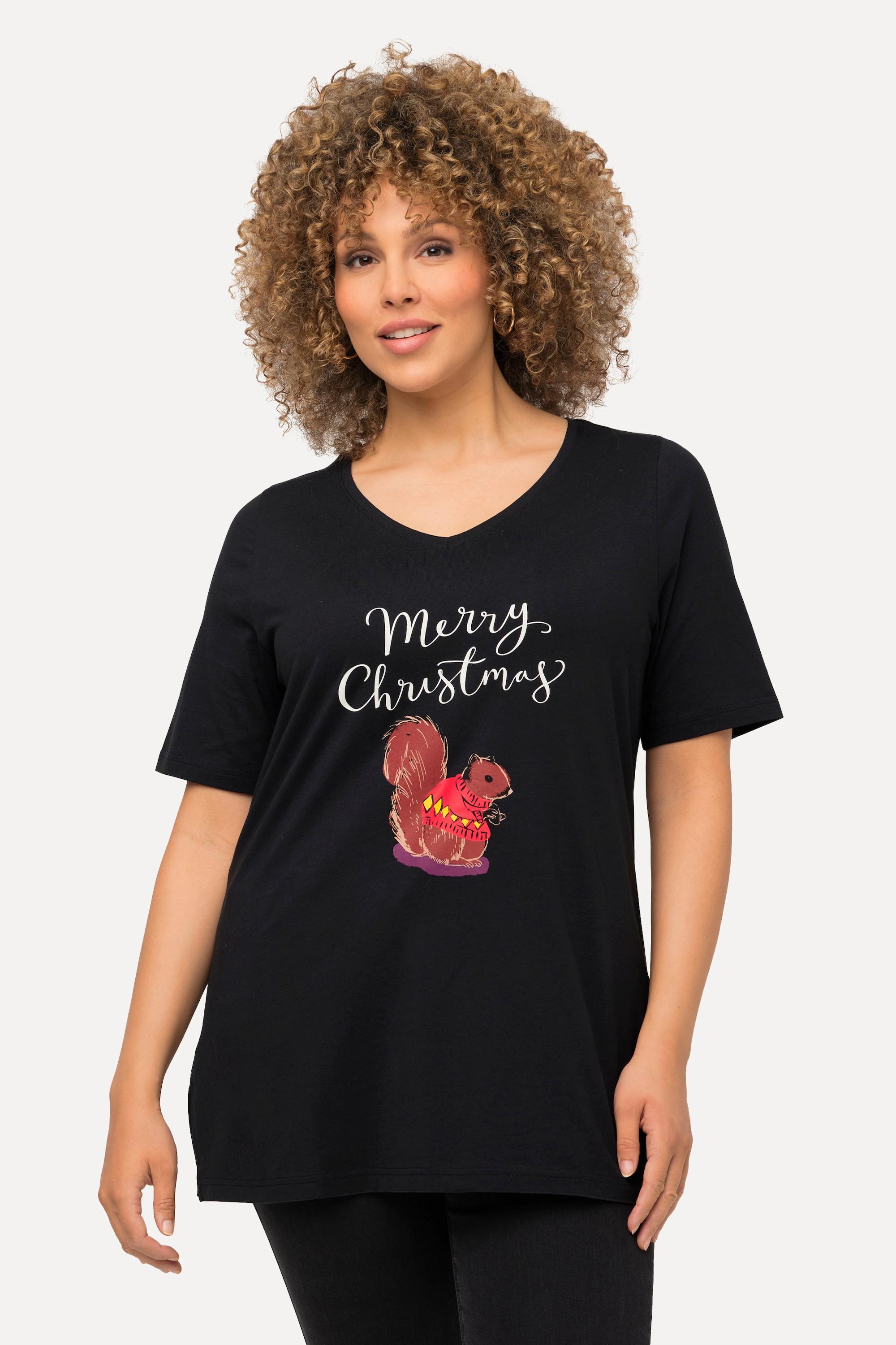 Ulla Popken  Weihnachts-Shirt, Eichhörnchen, V-Ausschnitt, Halbarm 