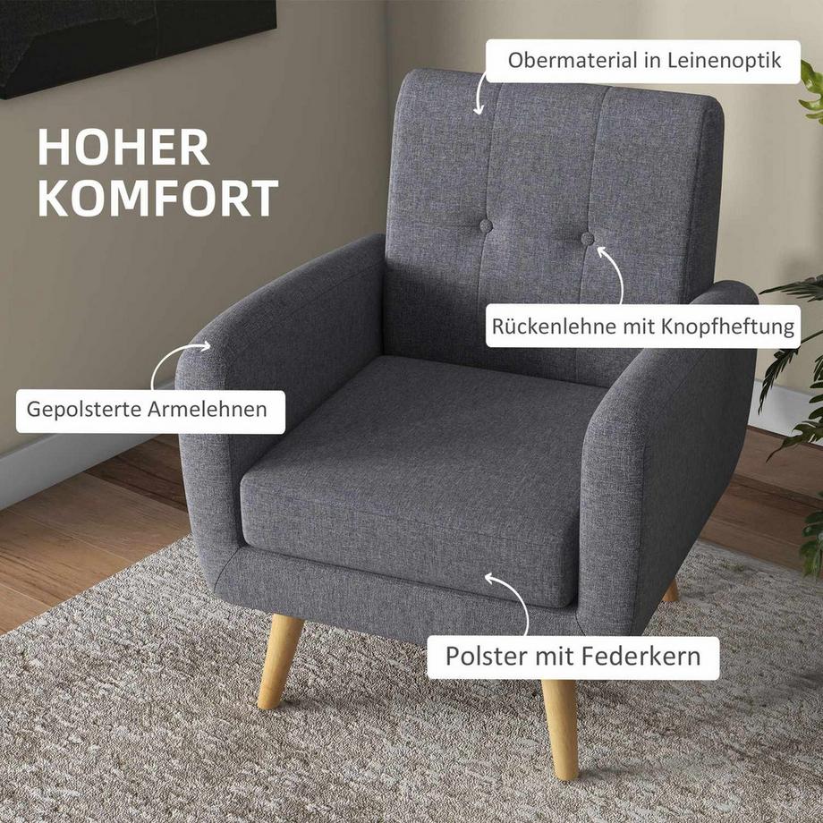 Northio Chaise De Relaxation, Chaise Tv, Chaise Rembourrée Avec Coussin D'Assise Aspect Lin, Pieds En Bois, Pour Salon, Chambre, Gris Clair  