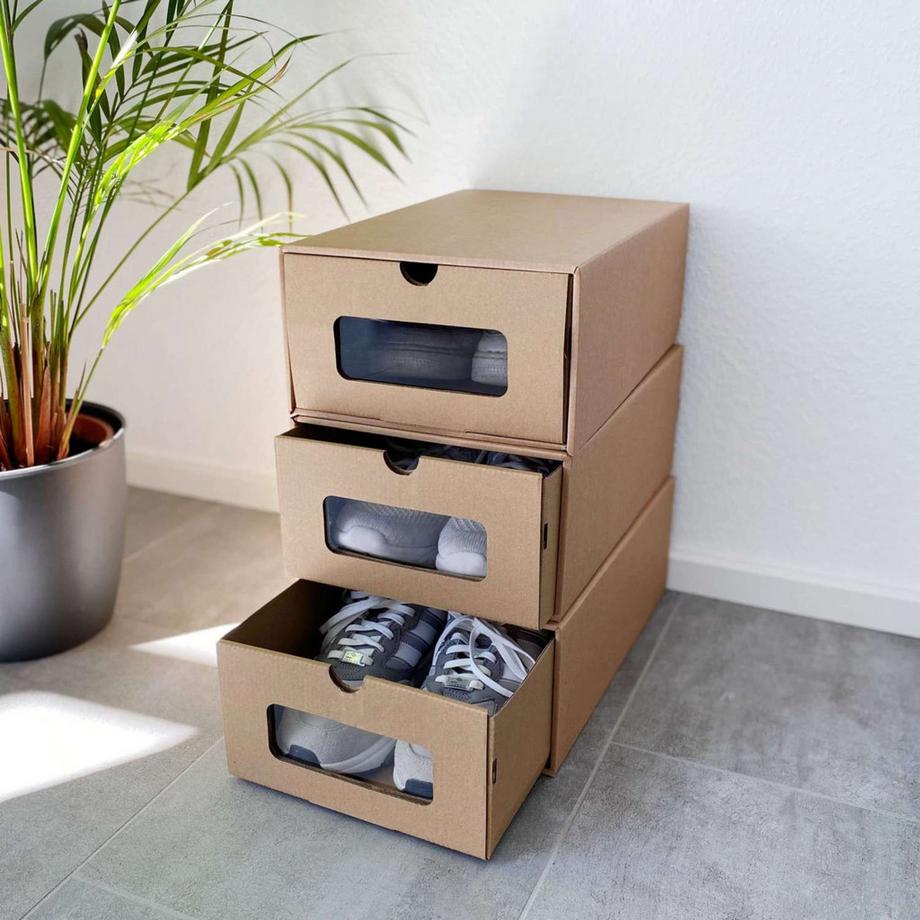 Intirilife Ensemble de 10 boîtes à chaussures en carton Brun avec fenêtre de visualisation  