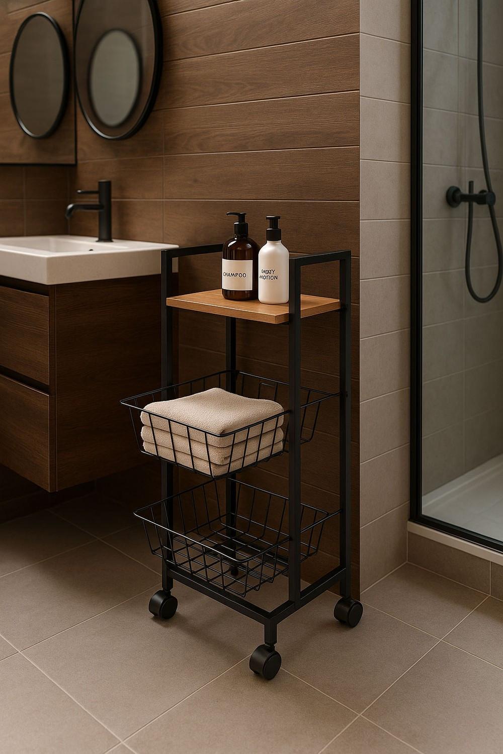 Northio Mobiletto portaoggetti mobile con 2 cestini e organizer per ripiani su ruote ModernHome  