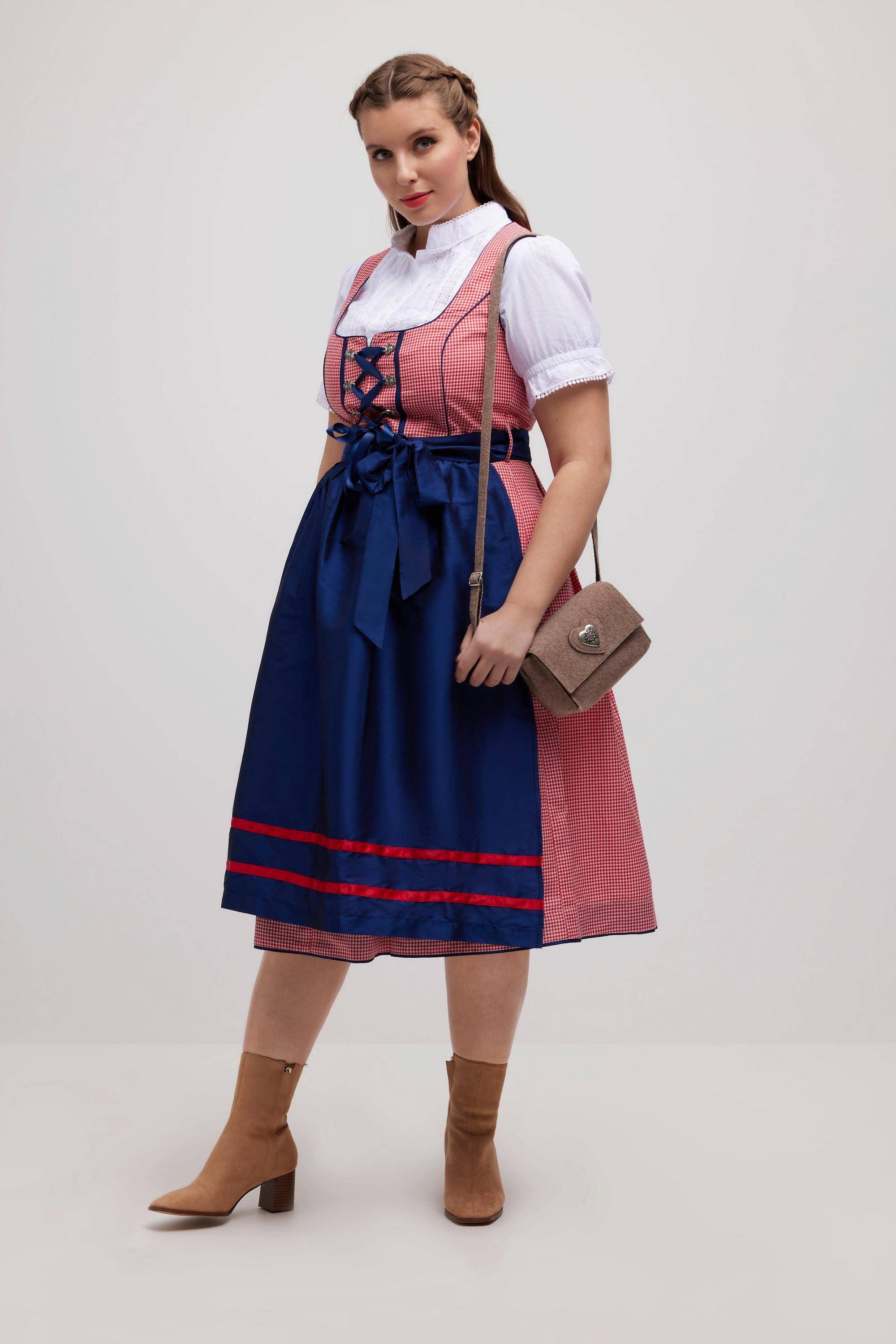 Ulla Popken  Dirndl, Karo, Schnürung, Carree-Ausschnitt, ärmellos 