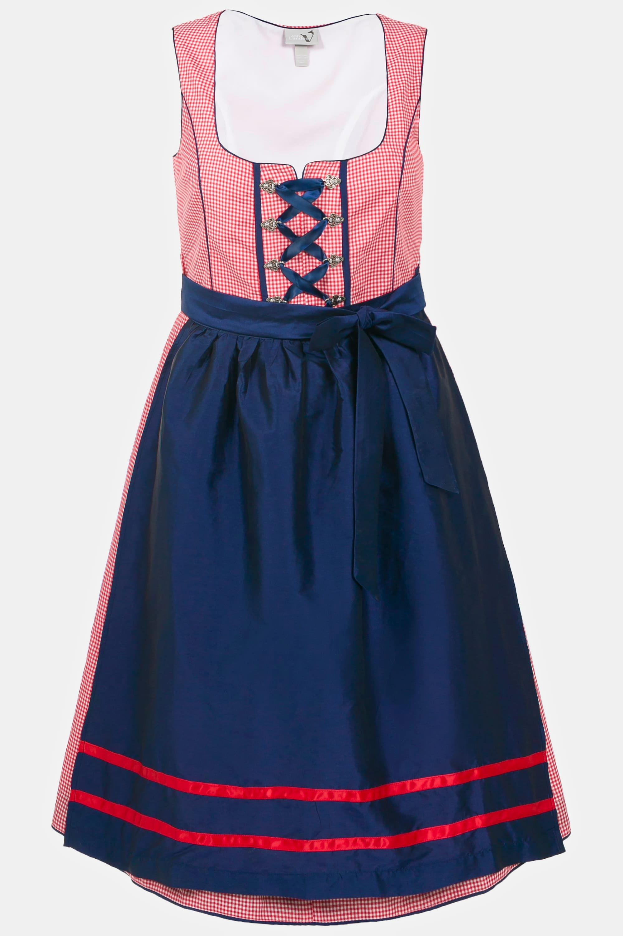 Ulla Popken  Dirndl, Karo, Schnürung, Carree-Ausschnitt, ärmellos 