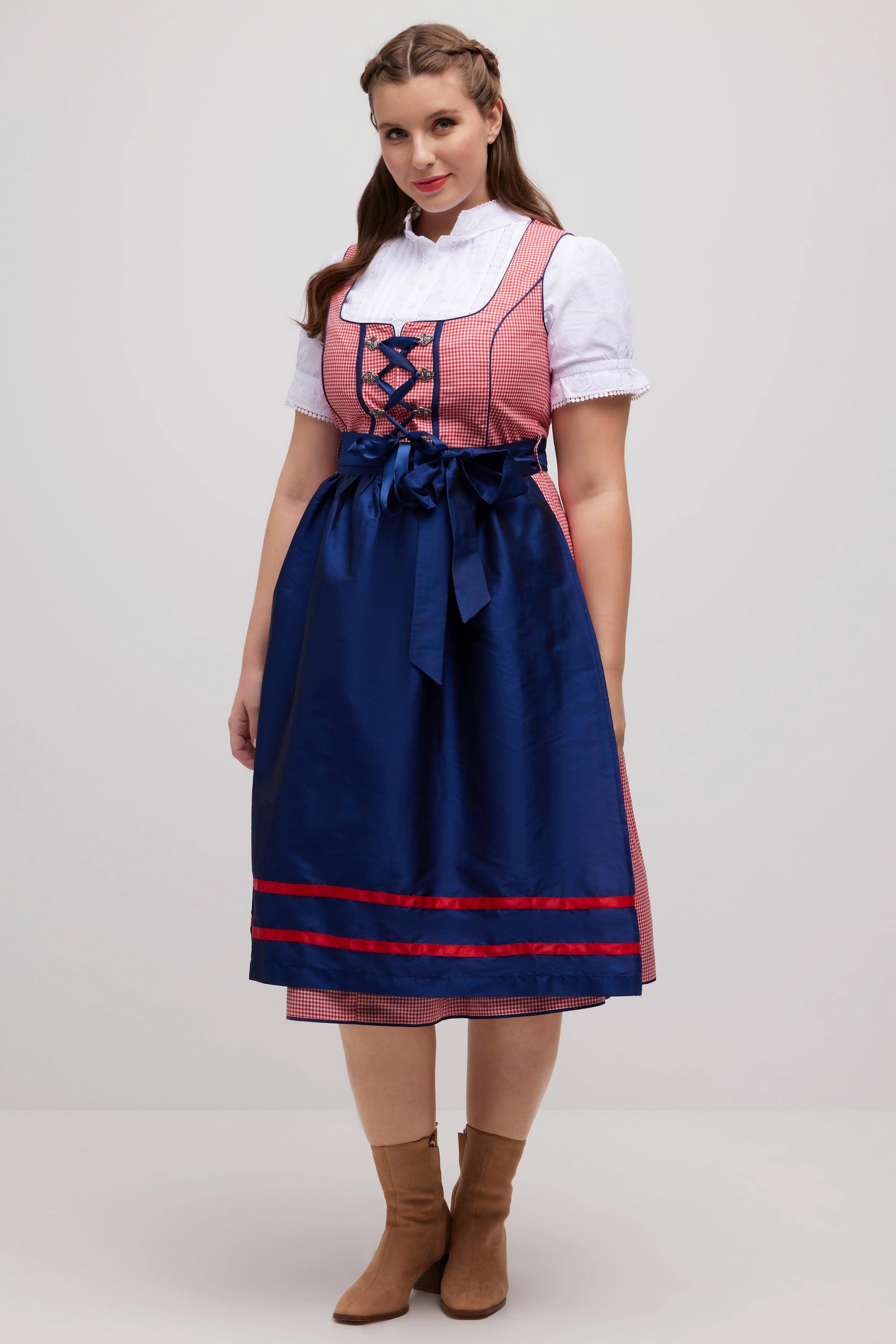 Ulla Popken  Dirndl, Karo, Schnürung, Carree-Ausschnitt, ärmellos 