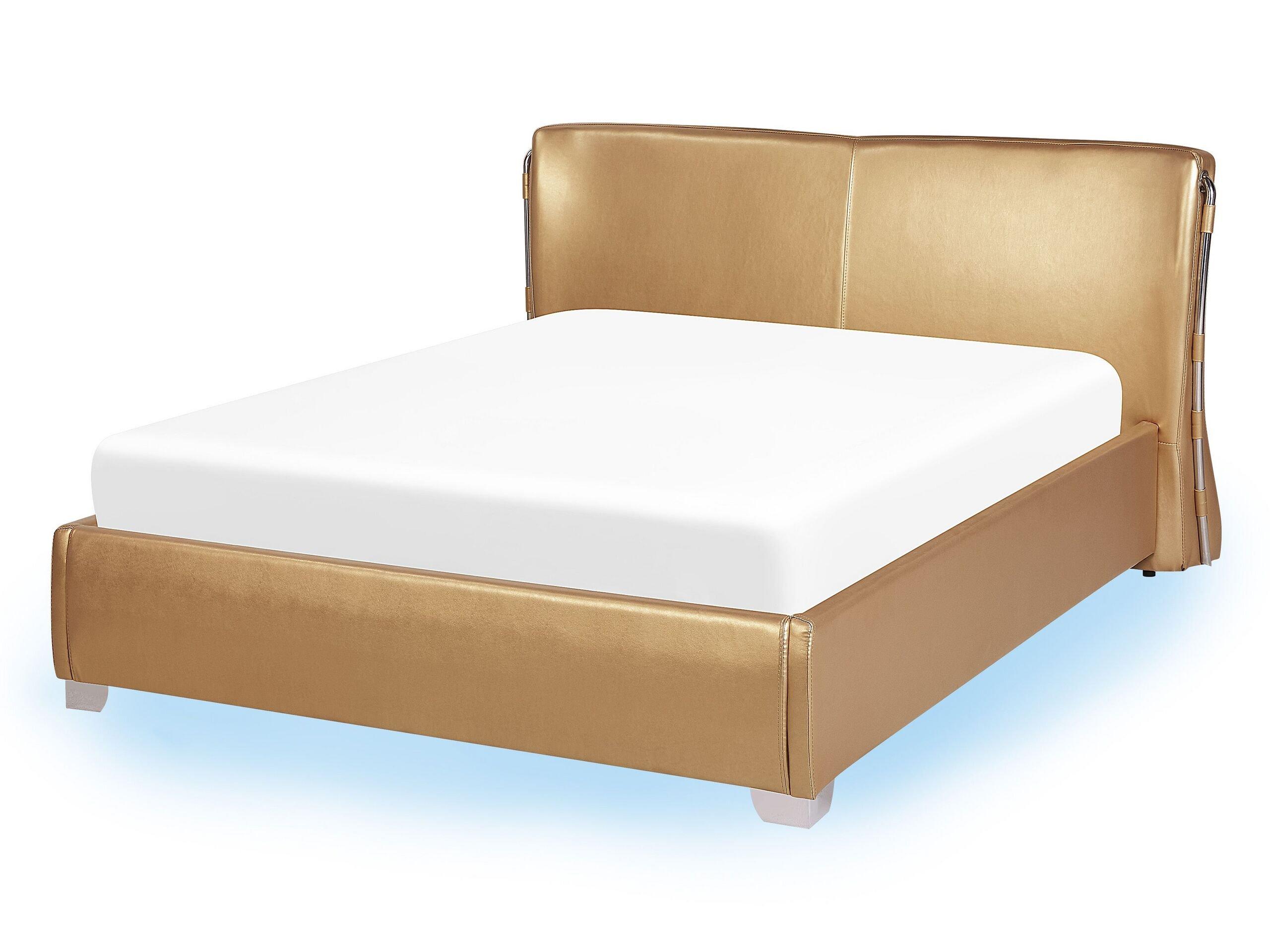 Beliani Letto con LED en Pelle Naturale Glamour PARIS  