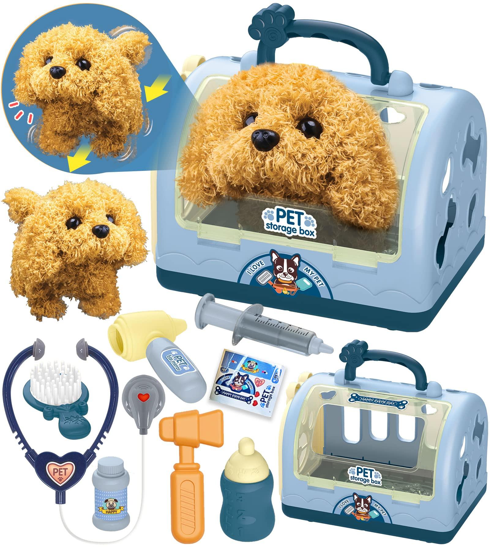 Activity-board  Jouet Robot Chien Docteur Valise Enfants, Jouet Vétérinaire Jeux de Rôle Enfants 12 pcs avec Cage Electronique Chien Courant Aboyant & Transport 