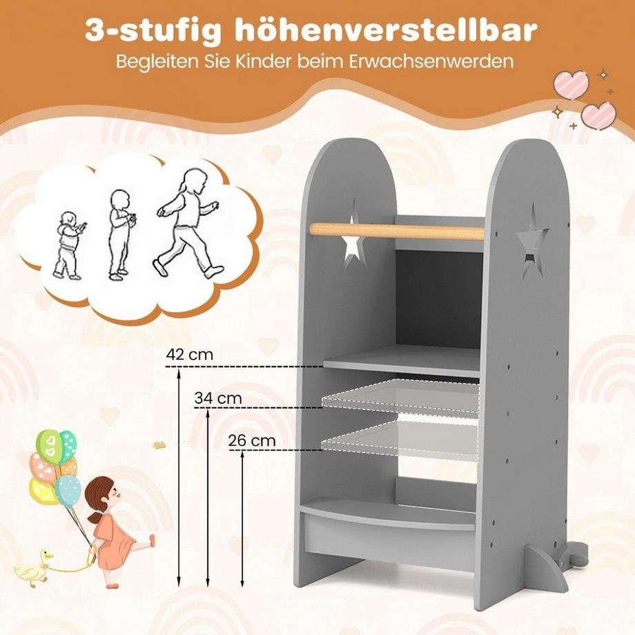 Northix 3 in 1 Lernturm Kinder Tritthocker mit 3 verstellbaren Höhen 90 kg Belastbar Grau  