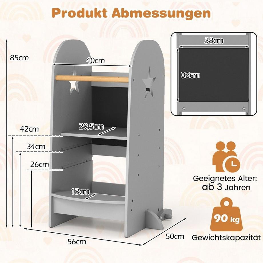 Northix 3 in 1 Lernturm Kinder Tritthocker mit 3 verstellbaren Höhen 90 kg Belastbar Grau  