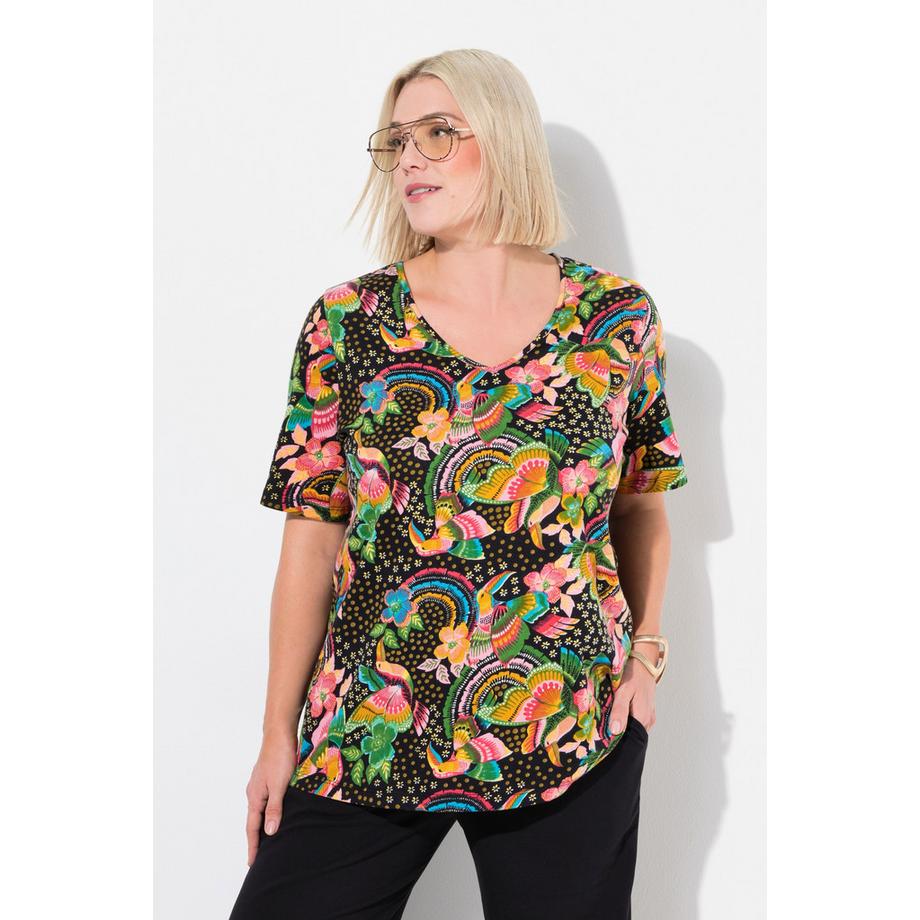 Ulla Popken Maglia lunga fiori scollo a V mezze maniche taglio svasato  