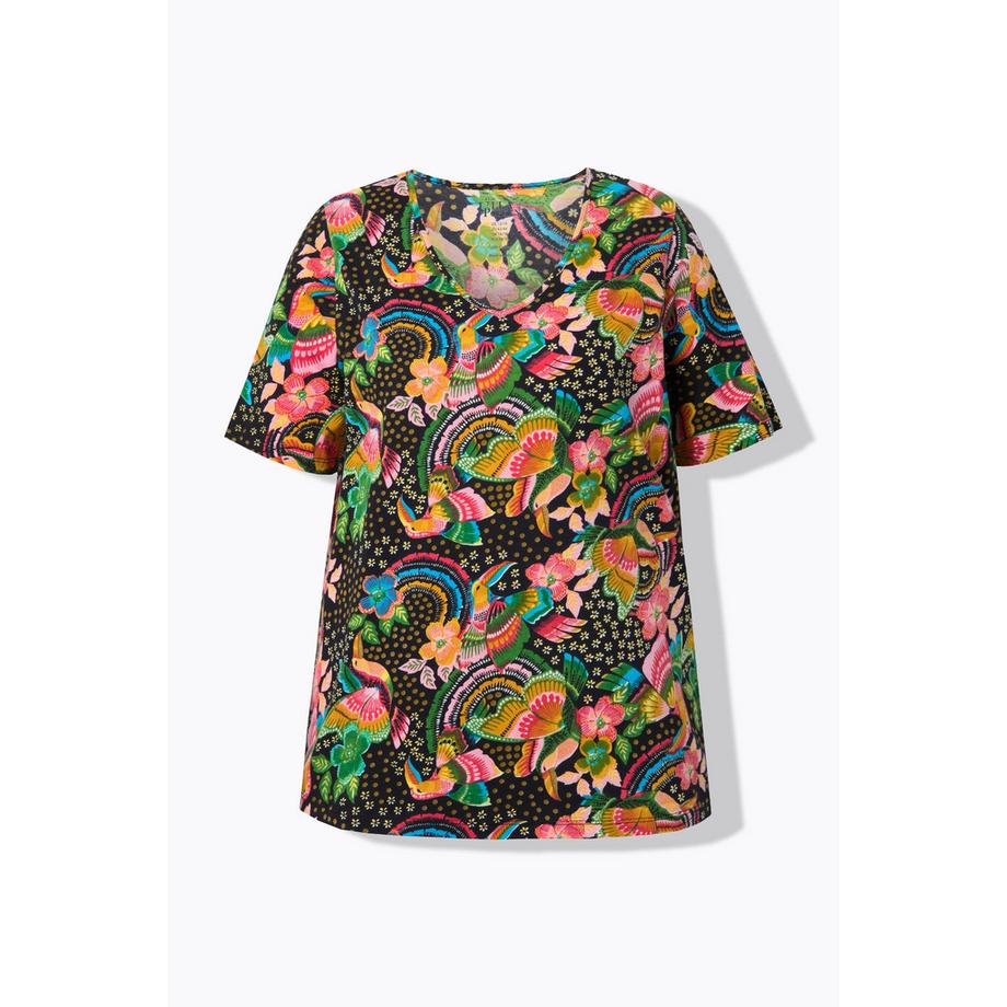 Ulla Popken Maglia lunga fiori scollo a V mezze maniche taglio svasato  