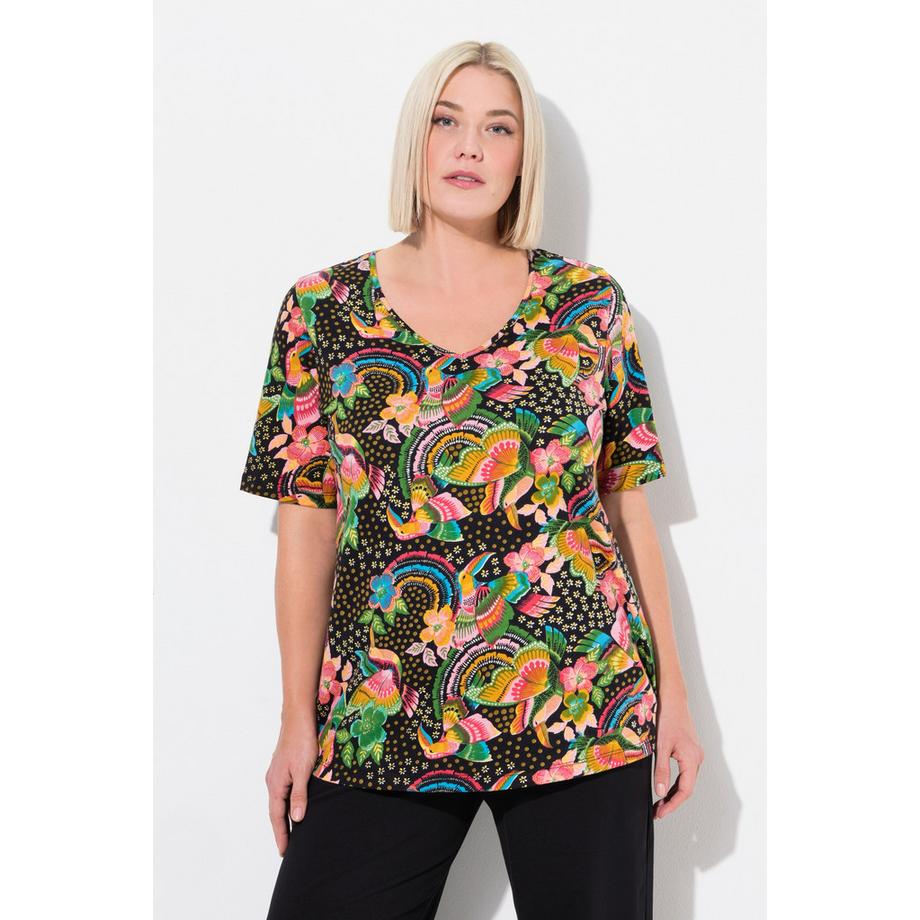 Ulla Popken Maglia lunga fiori scollo a V mezze maniche taglio svasato  