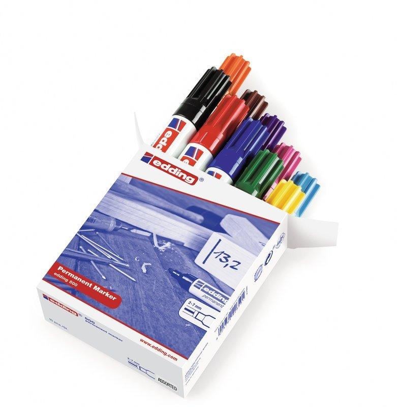 Edding Permanent  Marker 500, 10er Etui assortiert, Strichbreite ca. 2-7 mm  